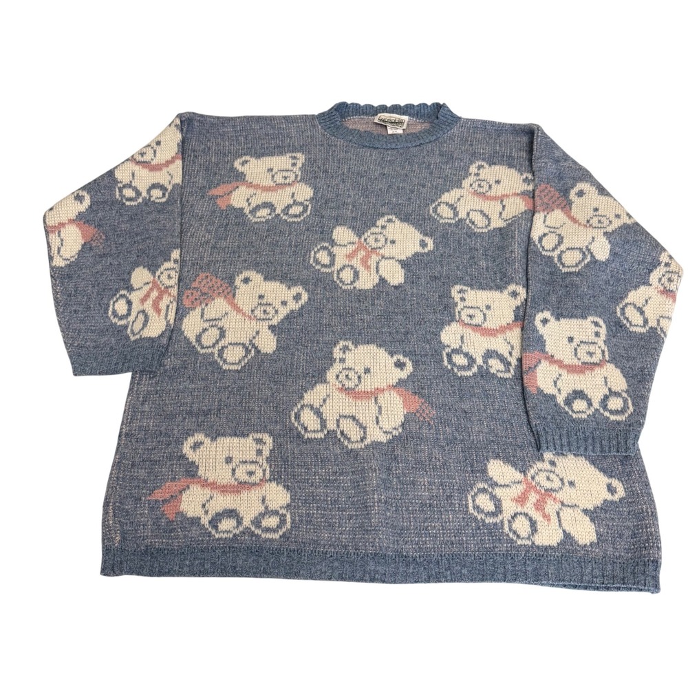 Vintage 90s Workable Separates Teddy Bear Sweater Blue Plus Size 20W Made in USA